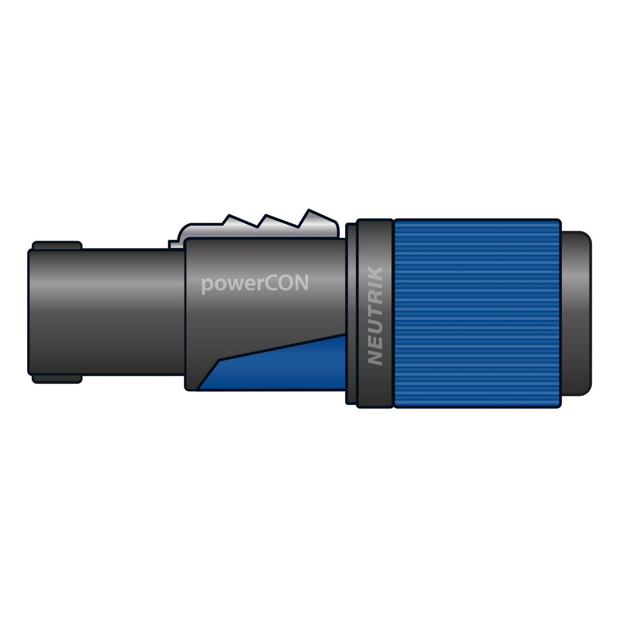 Illustration of the Neutrik NAC3FXXA-W-L Powercon, a lockable power connector. The cylindrical design features a striking blue and black color scheme, with "powerCON" and "NEUTRIK" elegantly printed on its side. This advanced power connector also includes circuit breaking capability for enhanced safety.