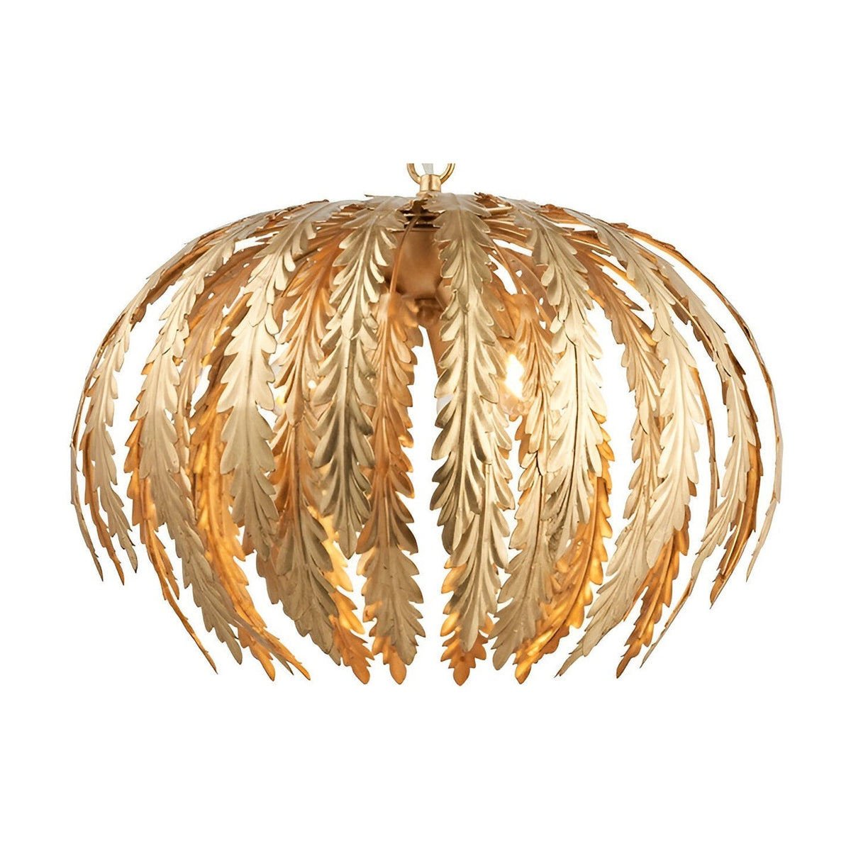 Endon Colette 3 light pendant in gold, with layered fanning leaf shapes suspended from a chain, shown on a plain white background.