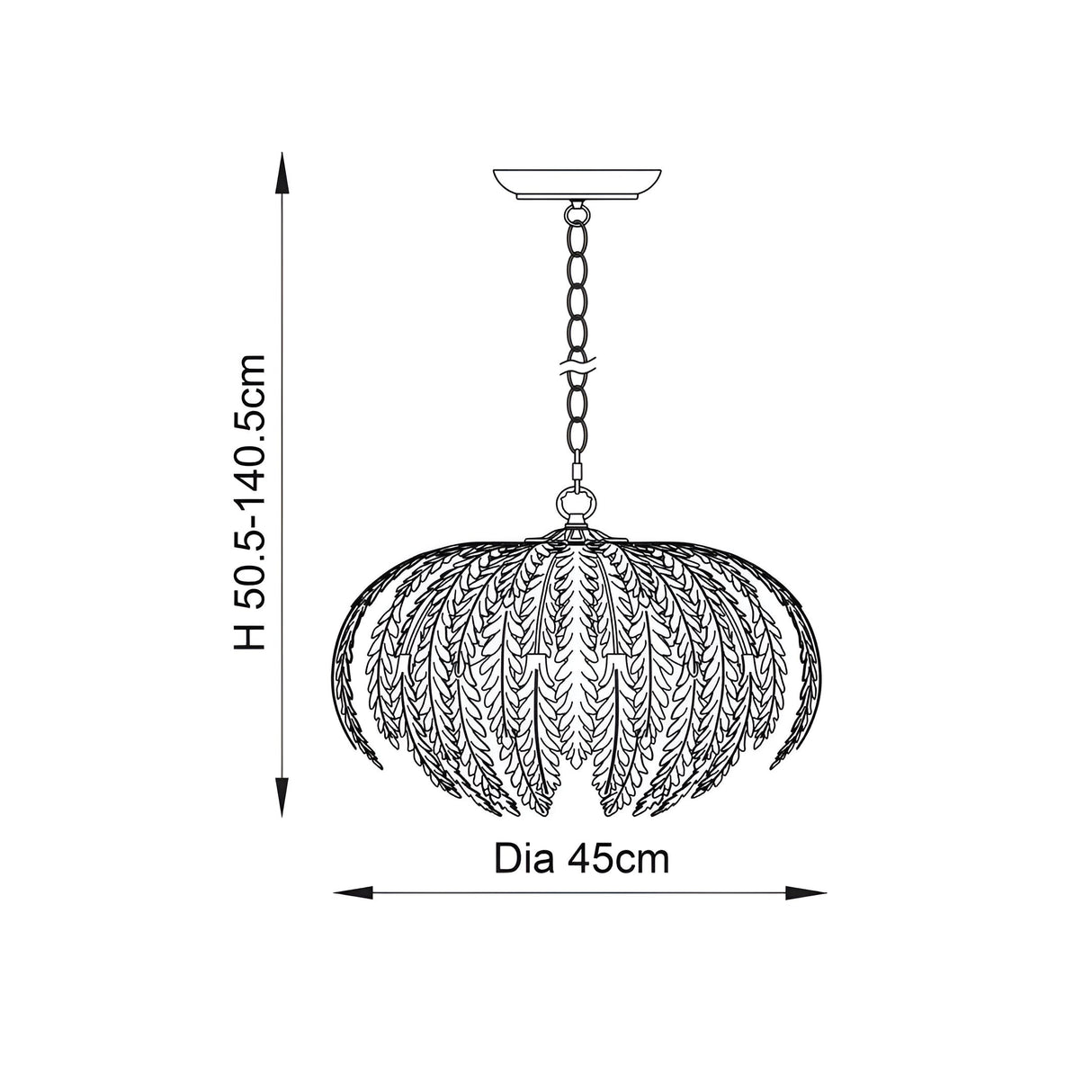 Dimension diagram of Endon Colette 3 Light Pendant showing 45cm diameter and adjustable 50.5–140.5cm height with layered leaf shade on a chain.