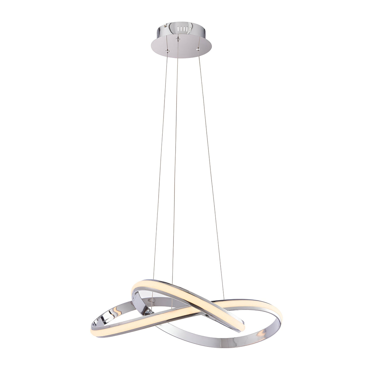 Endon Neve LED pendant light with sculptural looped chrome curves and white diffuser, suspended from thin wires on a plain white background.