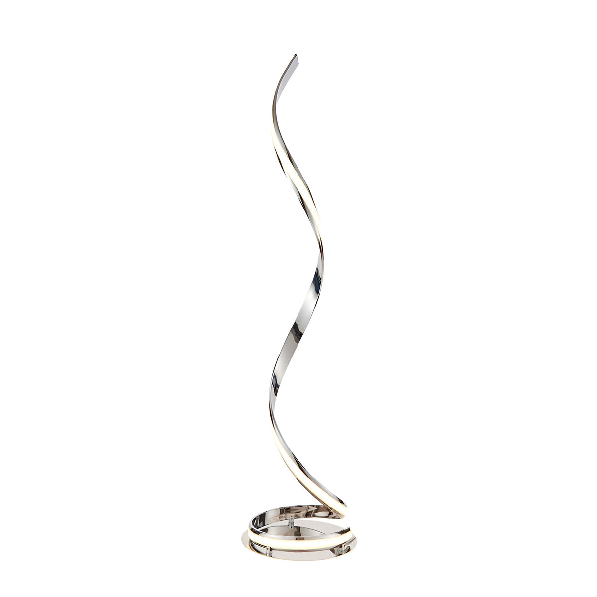 Neve Floor Lamp in polished chrome with a spiralling illuminated curve and white diffuser, set on a round base against a plain white background.