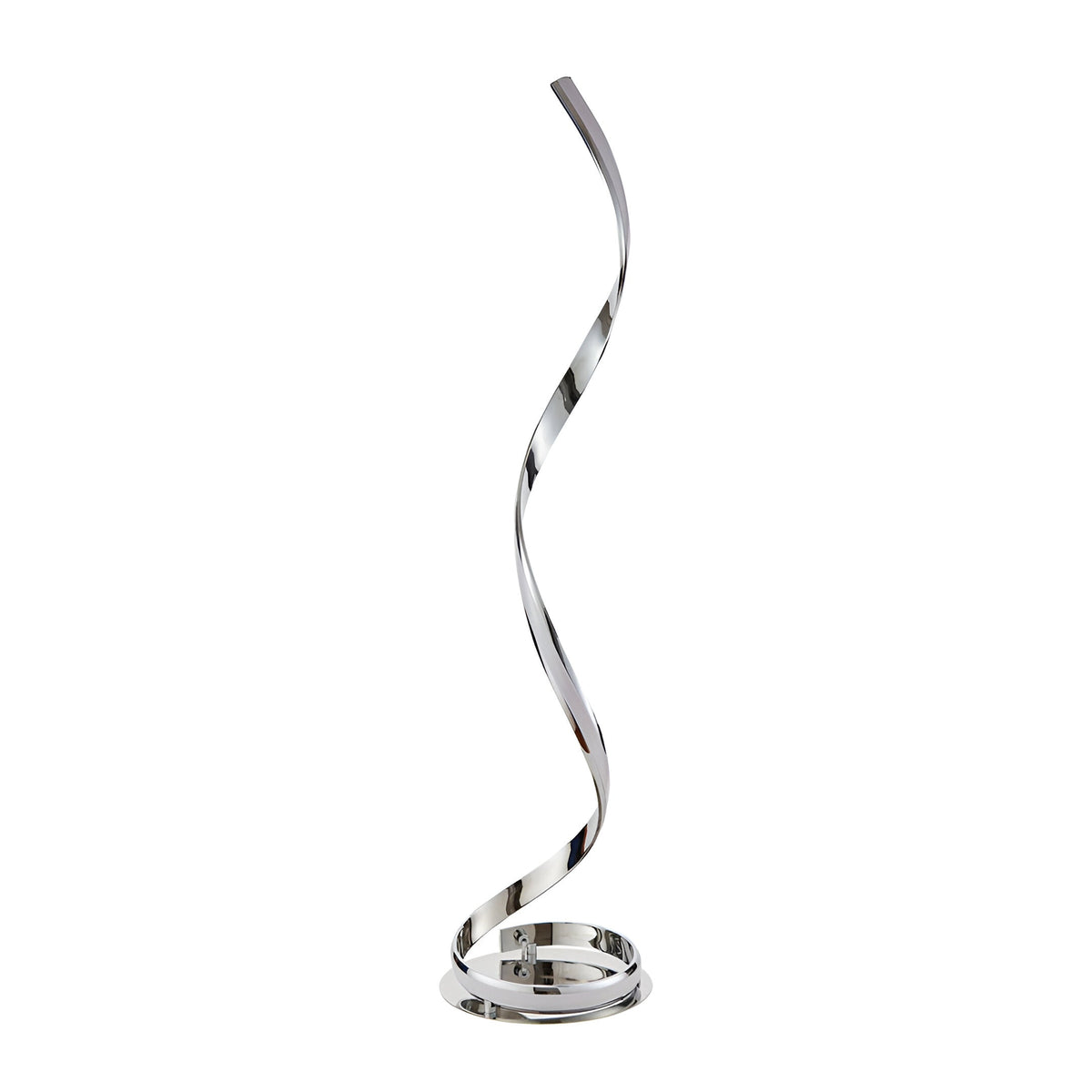 Neve Floor Lamp in polished chrome with a sculptural spiralling curved body on a round base, set against a plain white background.