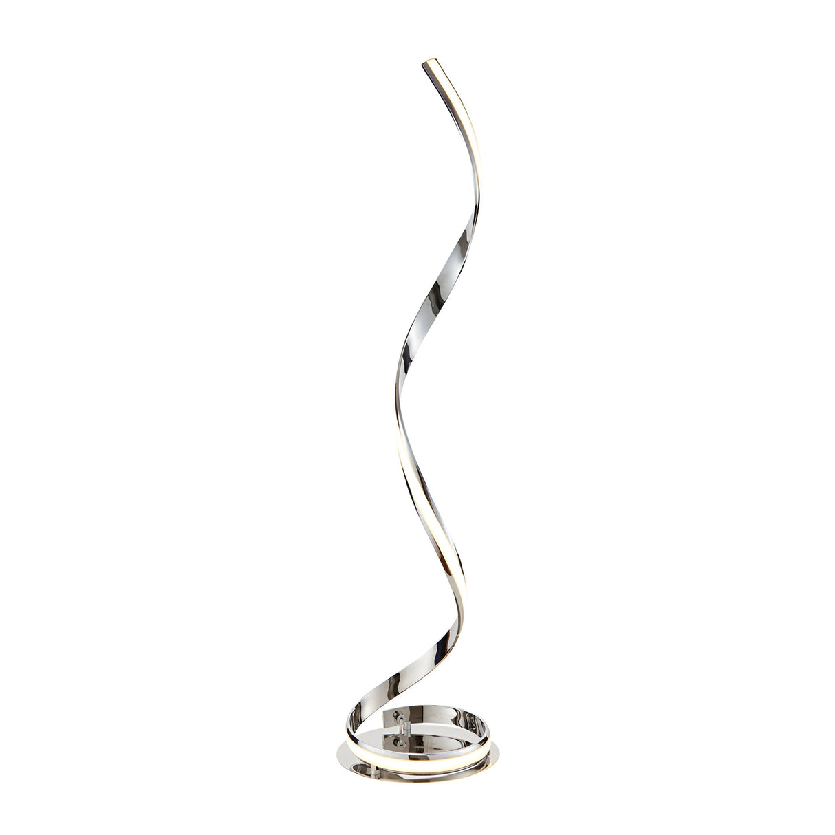 Neve Floor Lamp in polished chrome with a spiralling illuminated curve and white diffuser, set on a round ring base against a plain white background.