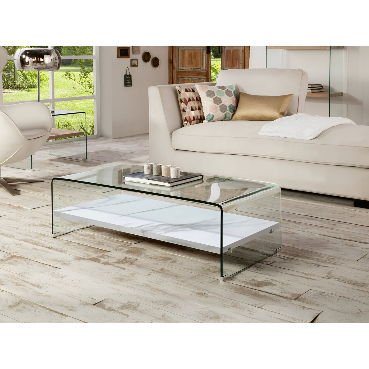 Sonoma Glass & Wood Coffee Table – Transparent & White Marble