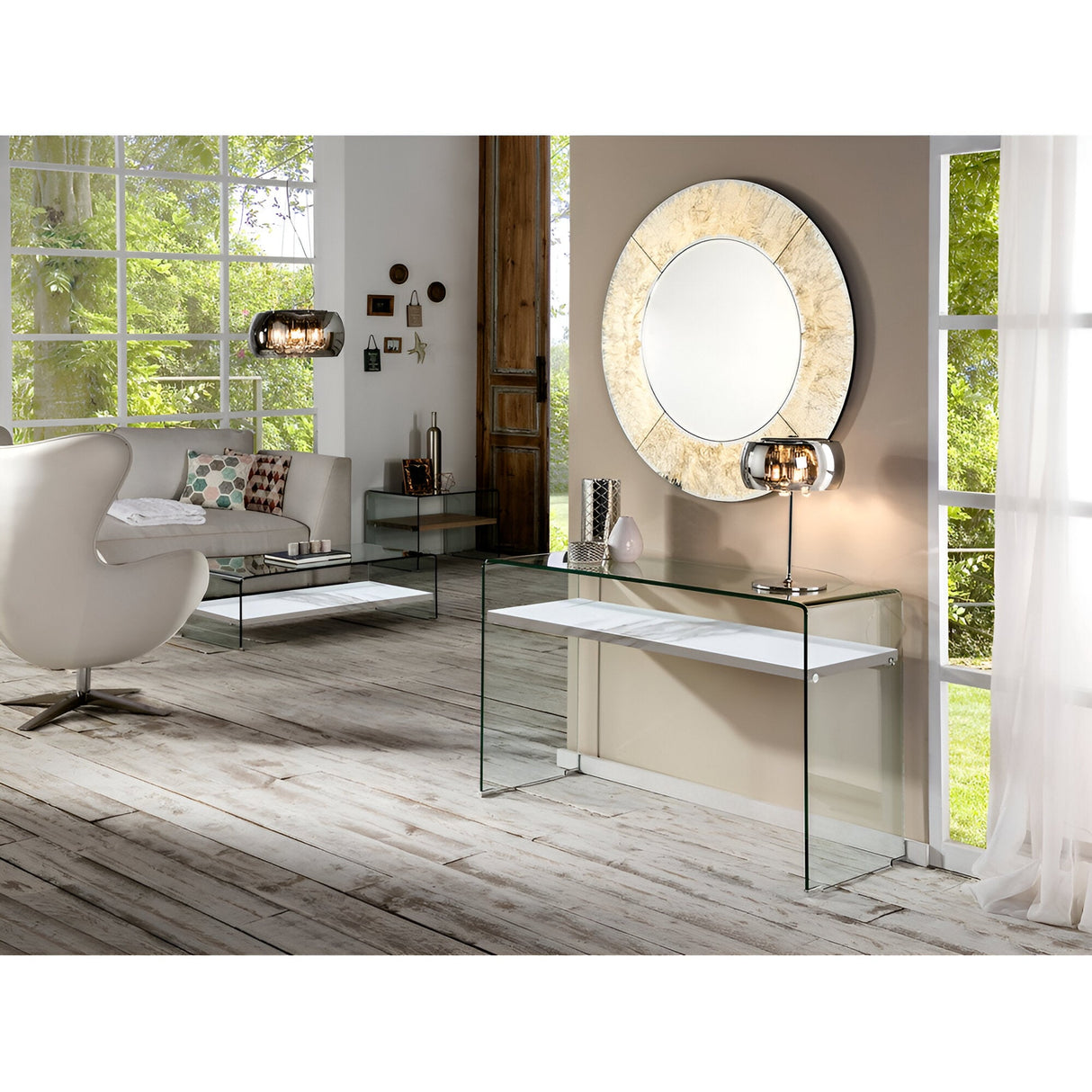 Sonoma Glass & Wood Console Table – Transparent & White Marble