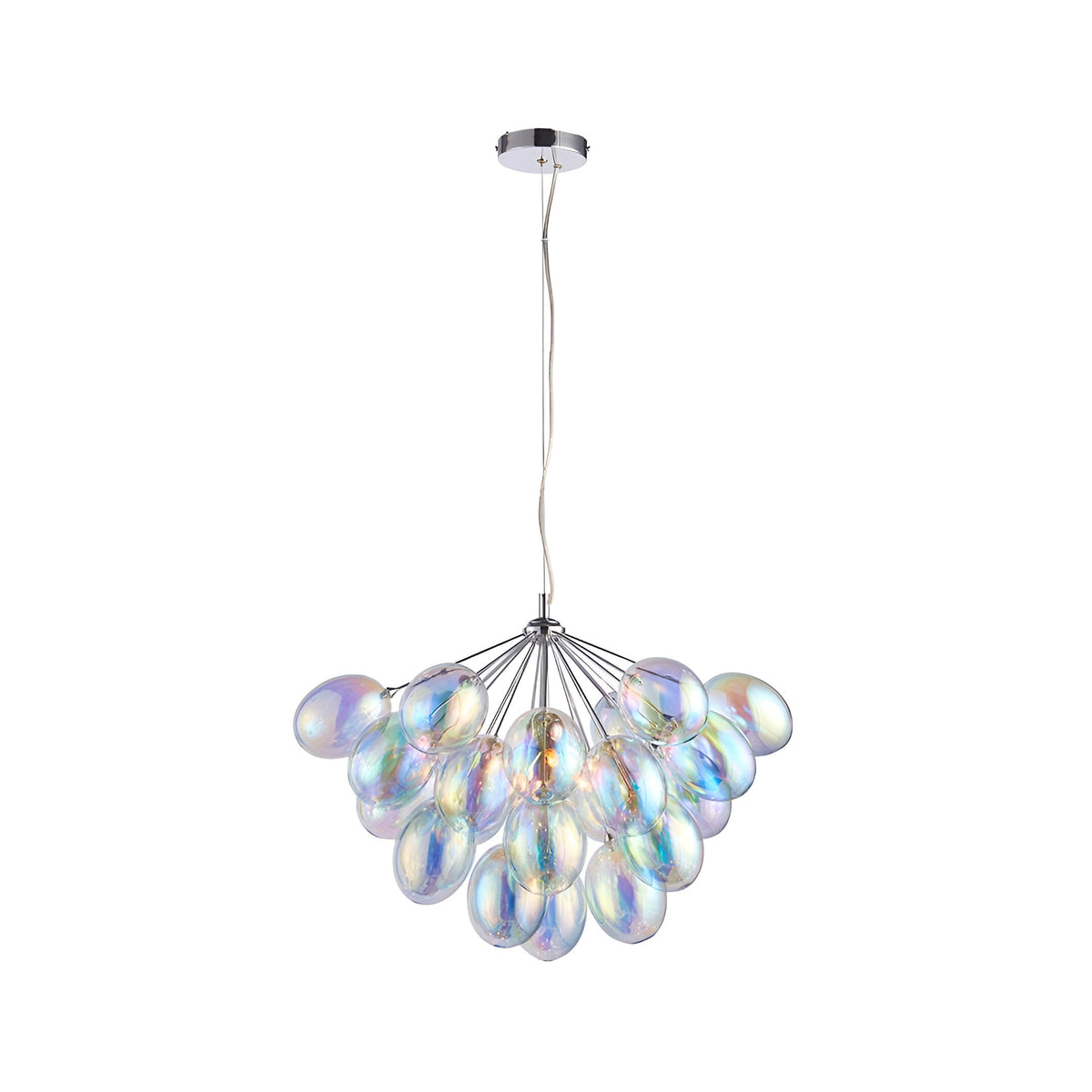 Endon Brenworth 6 light pendant in chrome with a cluster of iridescent glass globe shades suspended from wire cable, shown on a white background.