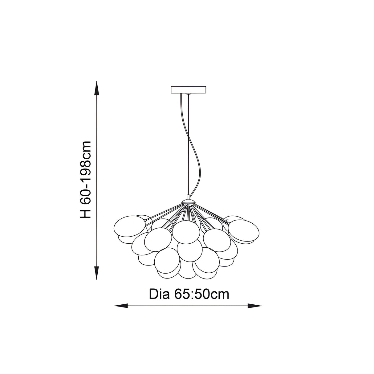 Dimension diagram of Endon Brenworth 6 Light Pendant in chrome, showing clustered glass shades with 65/50cm diameter and 60–198cm adjustable height.