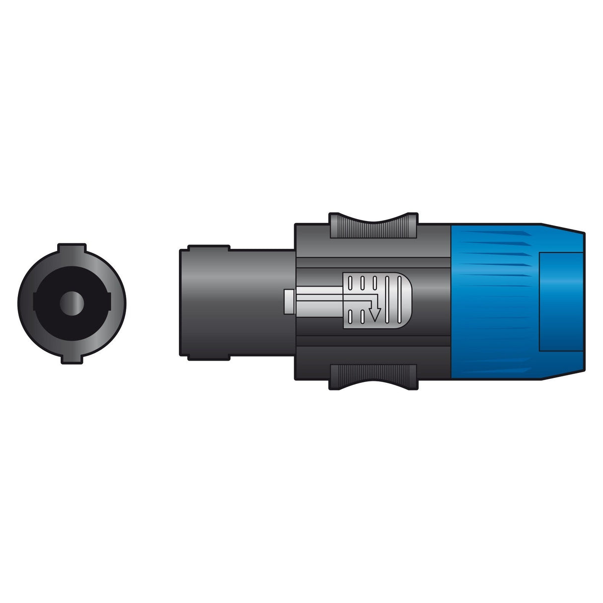 An illustration of the QTX 4 Pole Speaker Plugs is depicted against a white background, highlighting a cylindrical black socket on the left and a blue-and-black connector plug with detailed grooves on the right to showcase its 4-pole compatibility.