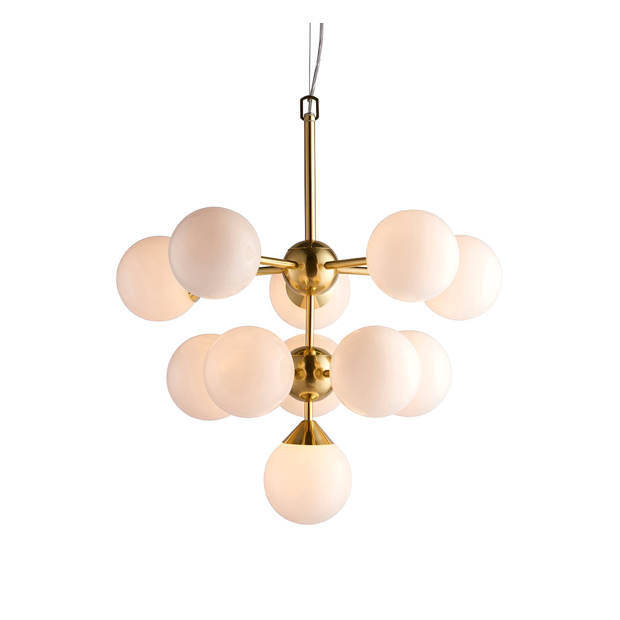 Endon Fitzroy 11 light pendant in brushed brass with two tiers of gloss opal white glass globe shades, shown on a plain white background.