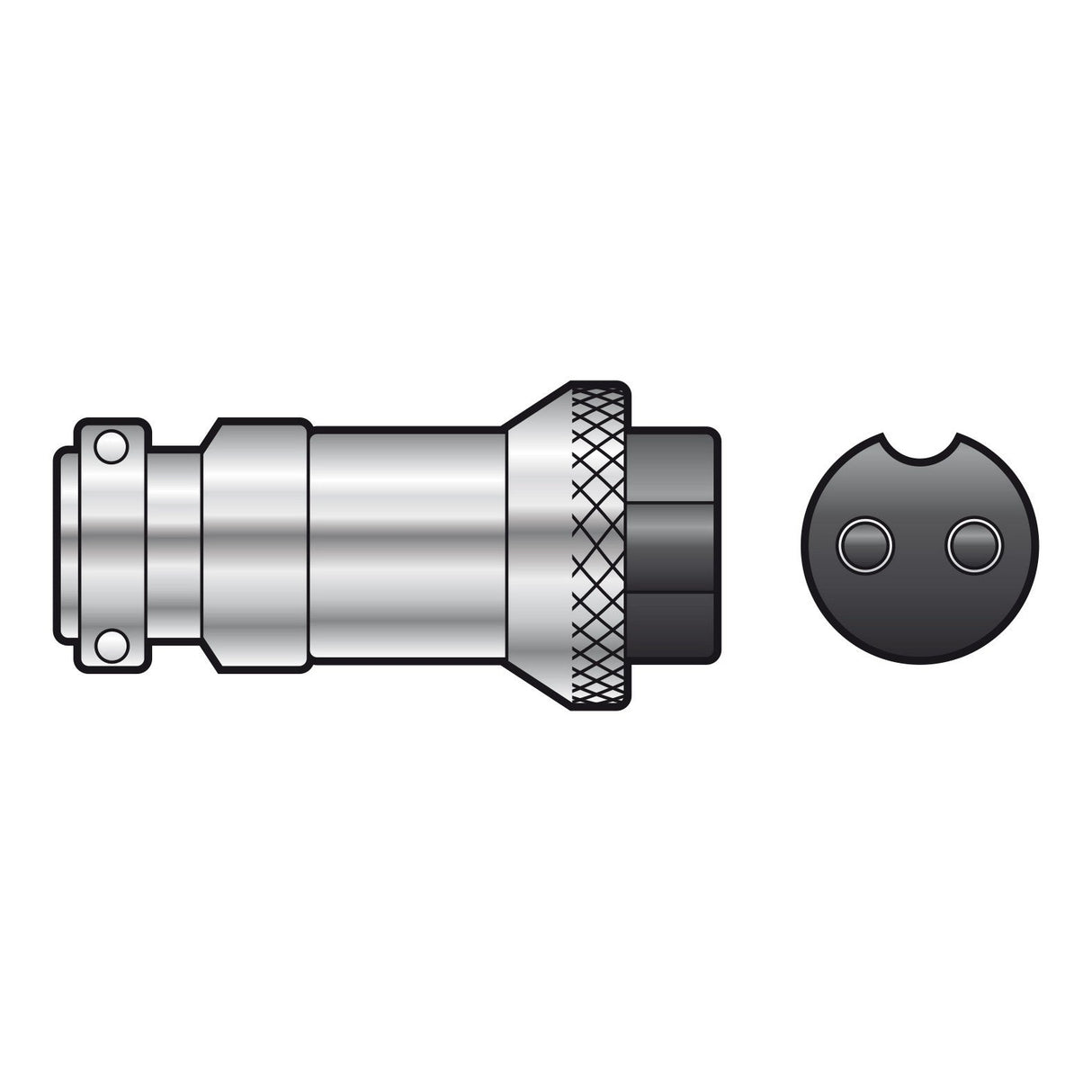 Illustration of the Mercury Multi Pin Socket 2-Pin, showcasing a metallic connector plug with a grooved cylindrical shape and knurled section. It includes a circular socket with two holes designed for the plug’s prongs and features a locking ring to ensure secure attachment, all set against a white background.