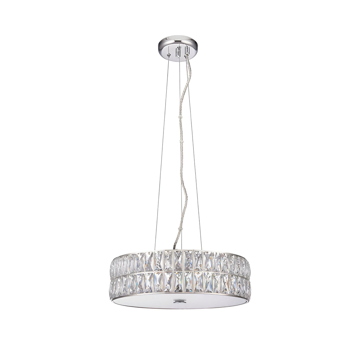 Marguerite LED round pendant in polished chrome with clear faceted crystal band and glass diffuser, hung on adjustable cables, shown on a white background.