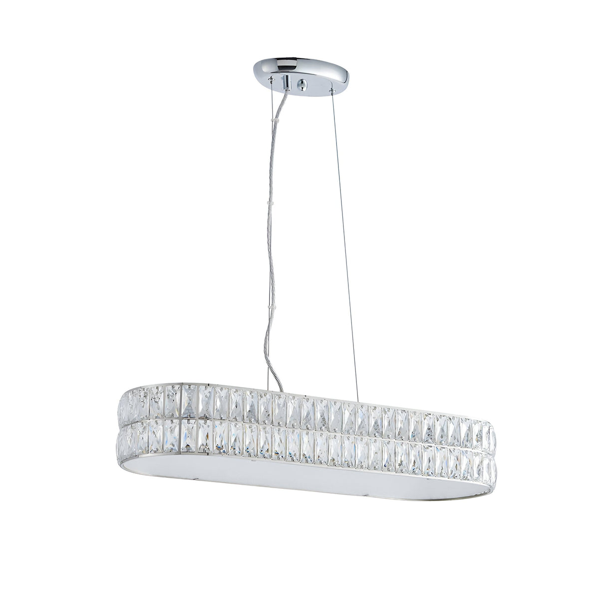 Endon Marguerite linear pendant in polished chrome with faceted crystals and prismatic glass diffuser, suspended on clear cable against a white background.