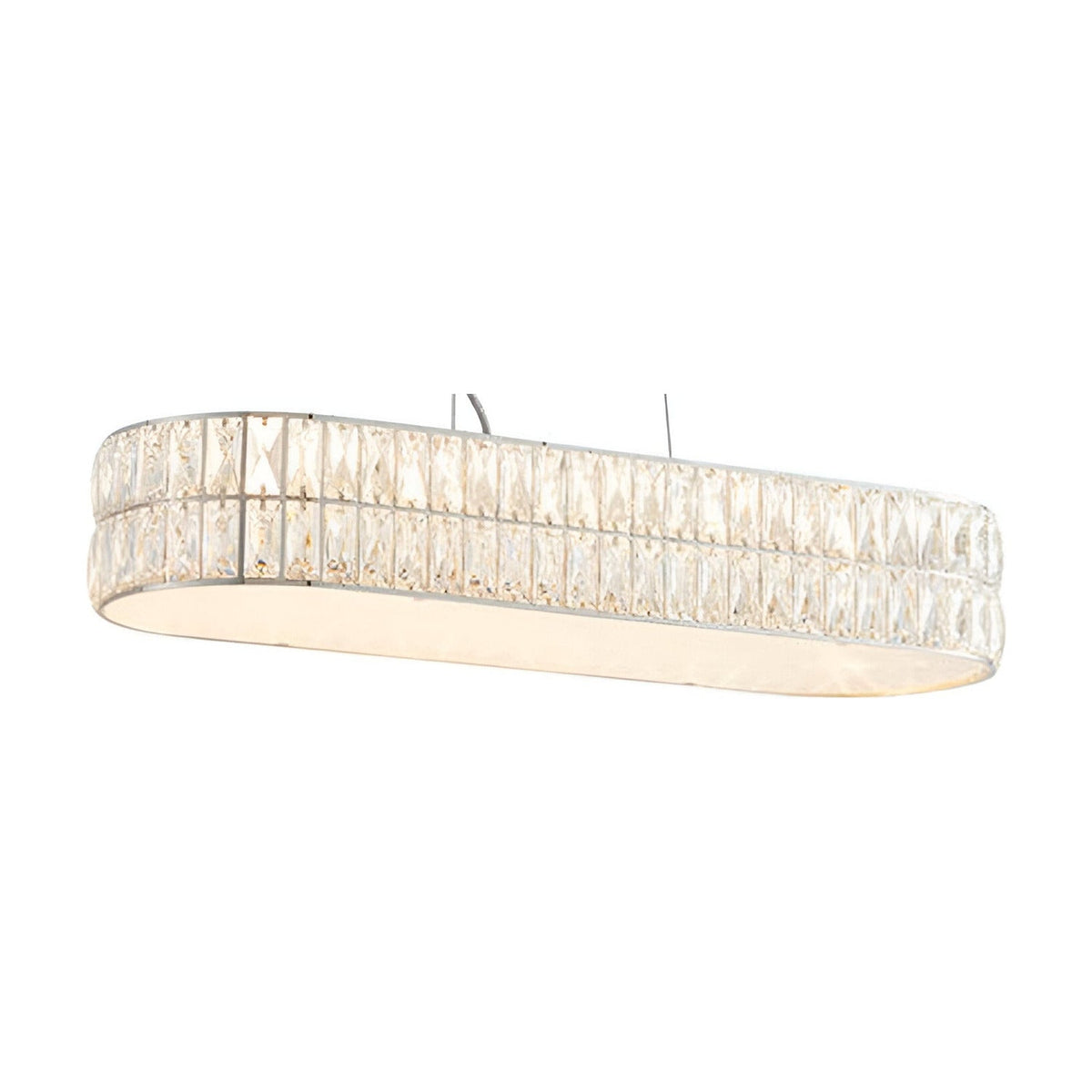 Endon Marguerite linear pendant in polished chrome with faceted crystals and prismatic glass diffuser, suspended from an oval ceiling plate on clear cables.