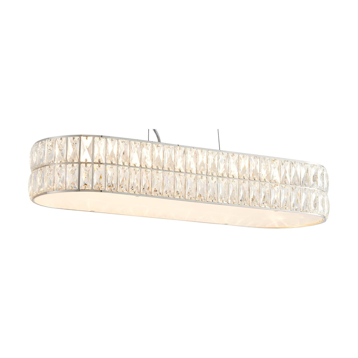 Endon Marguerite linear pendant in polished chrome with two tiers of faceted crystals and a prismatic glass diffuser, suspended on clear cables.