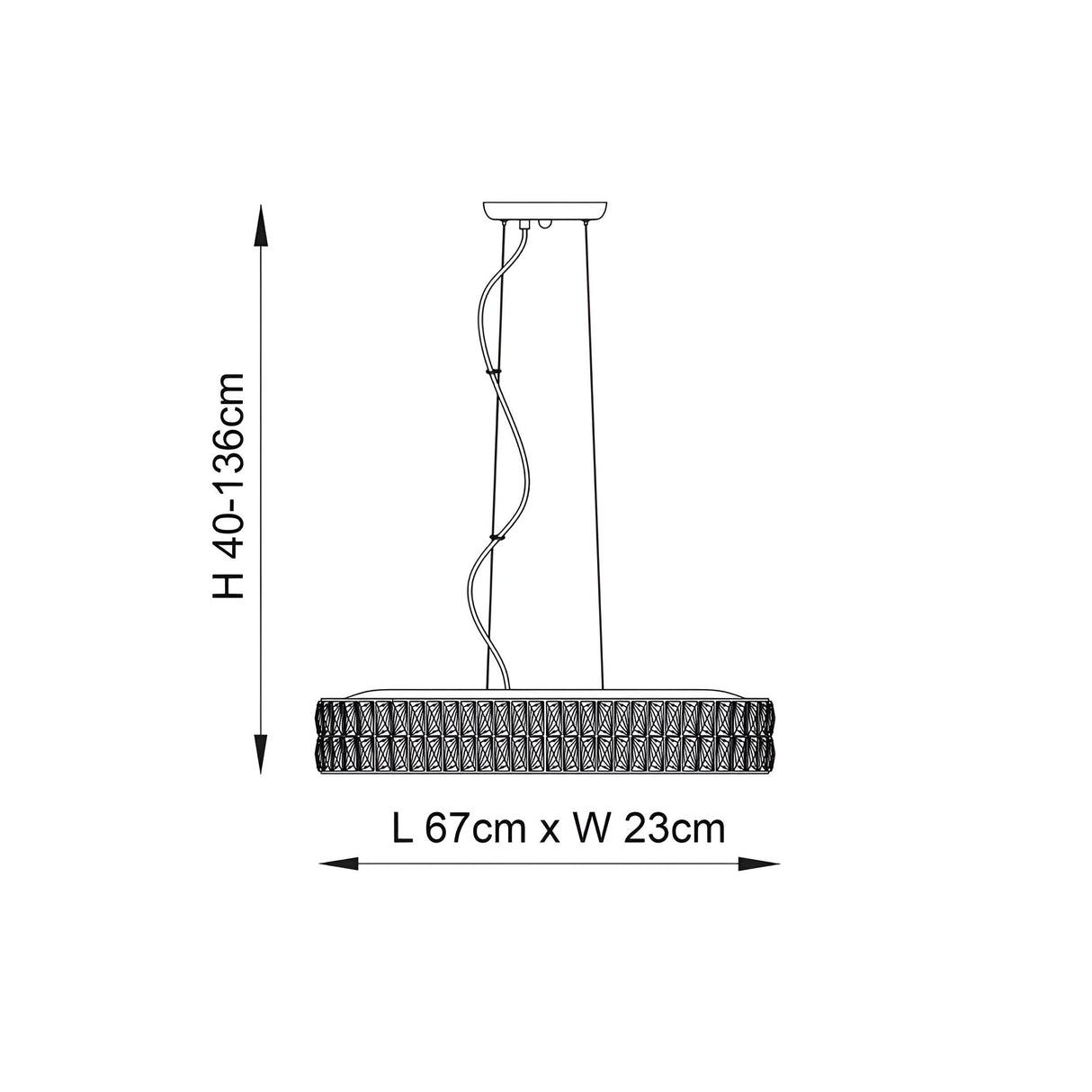 Dimension diagram of the Endon Marguerite linear pendant showing 67cm length, 23cm width, and adjustable 40–136cm drop height.