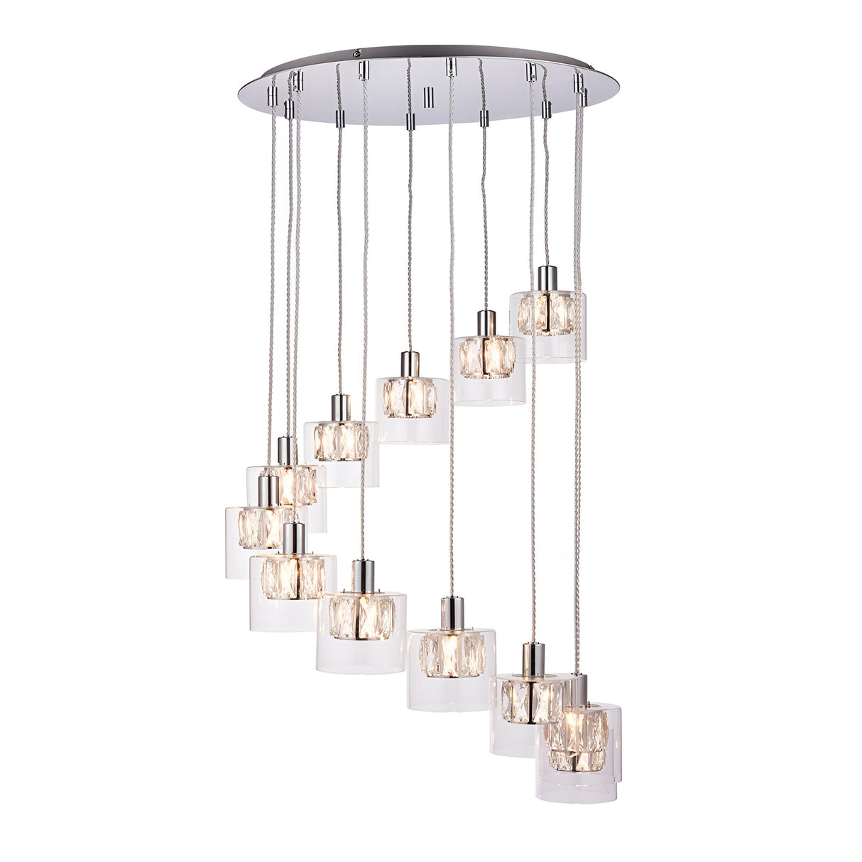 Marguerite 12-light pendant in polished chrome with multi-drop crystal shades in clear glass diffusers on cables of varying lengths, shown on white background.