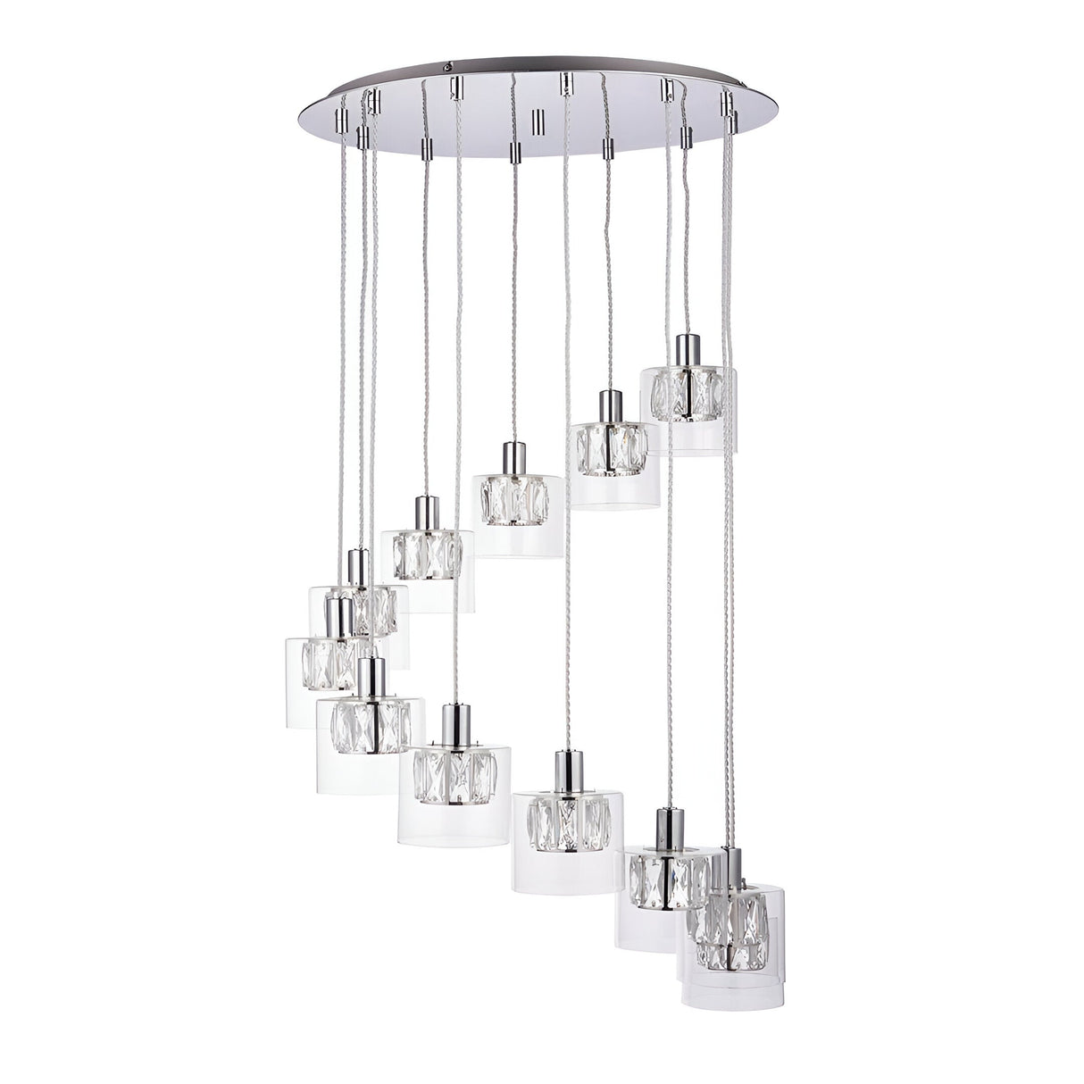 Marguerite 12-light chrome pendant with oval ceiling plate, cascading cables, and crystal shades in clear glass diffusers, on a white background.