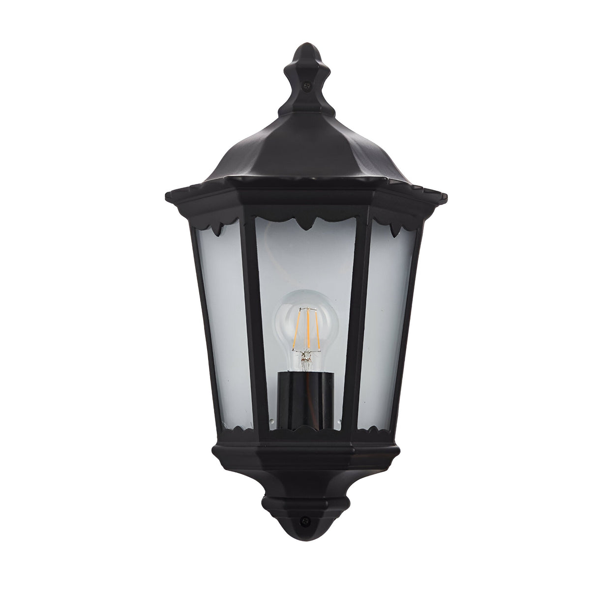 Matt black die-cast aluminium Ashshaw Coach Lantern with clear glass panels, decorative top detailing and visible E27 bulb.