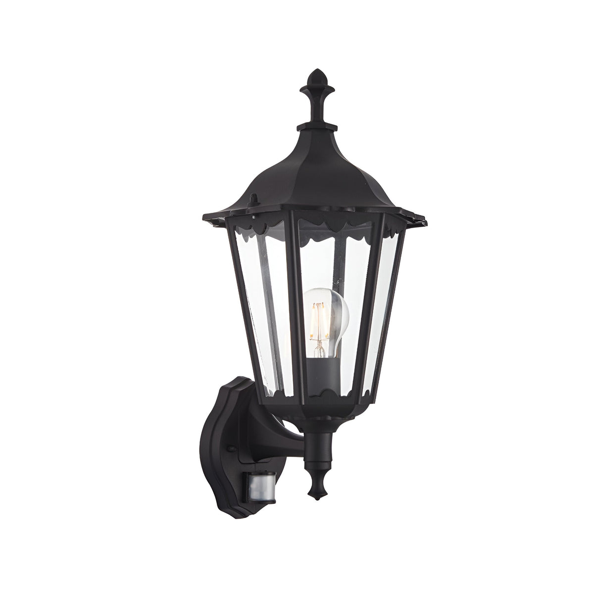 Endon Ashshaw traditional outdoor wall lantern in matt black die-cast aluminium with clear glass panels, E27 filament bulb and PIR sensor at the base.