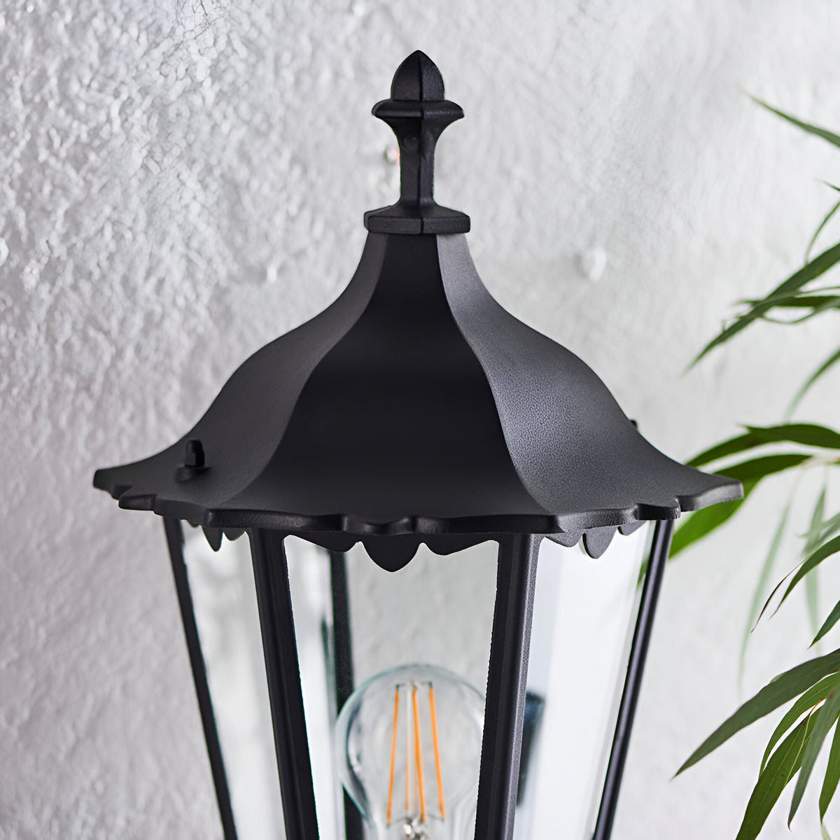 Close-up of the Endon Ashshaw outdoor wall lantern in matt black die-cast aluminium, showing the domed top, finial and clear glass panels with filament bulb.