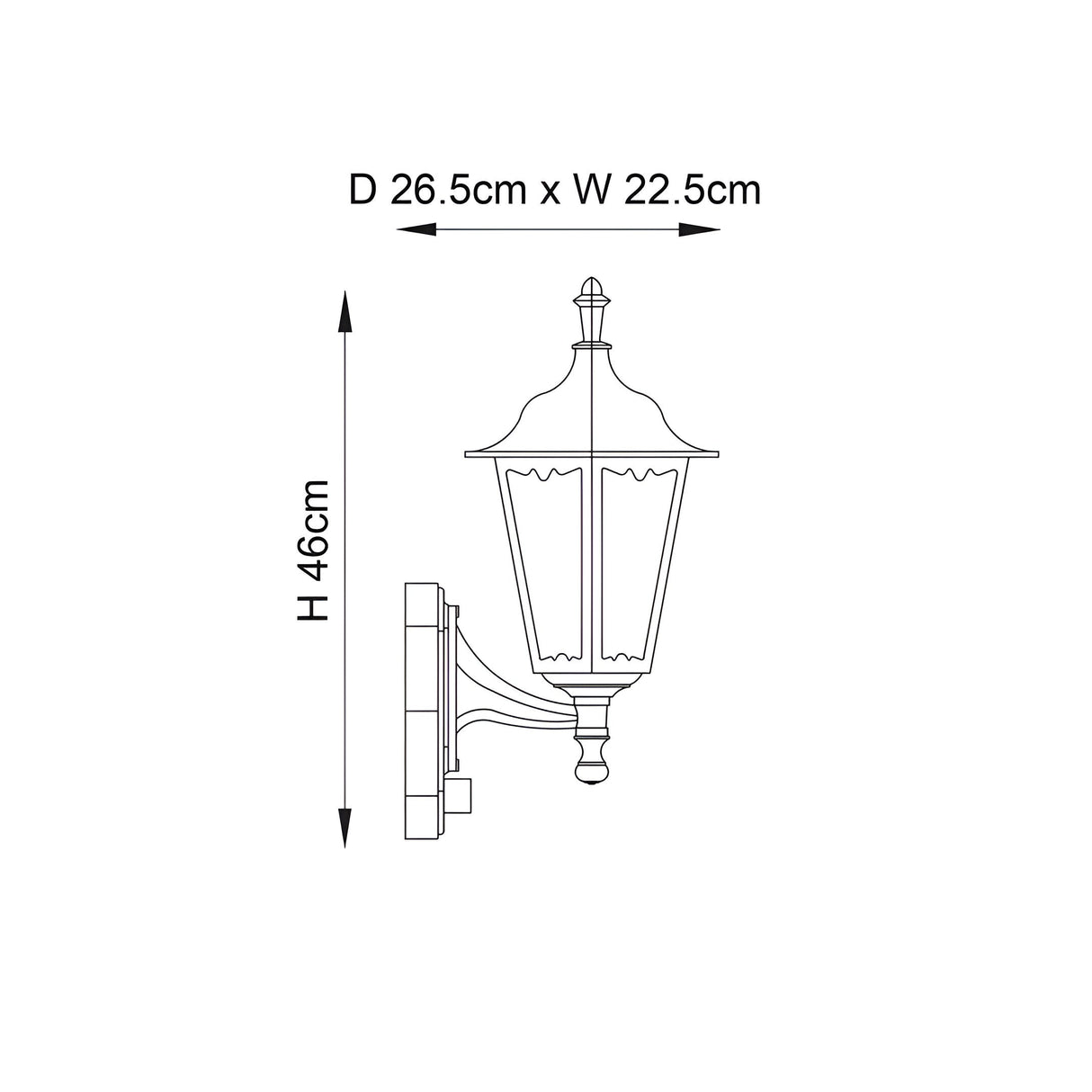 Dimension diagram of the Endon Ashshaw outdoor wall lantern showing 46cm height, 22.5cm width and 26.5cm projection on a white background.
