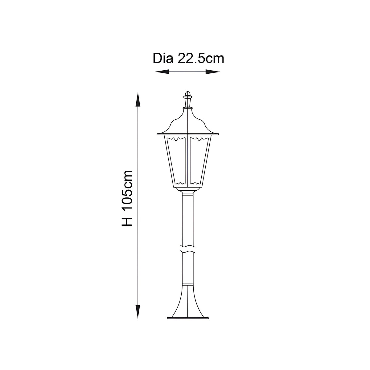 Dimension diagram of the Endon Ashshaw bollard light showing 105cm height and 22.5cm diameter on a plain white background.