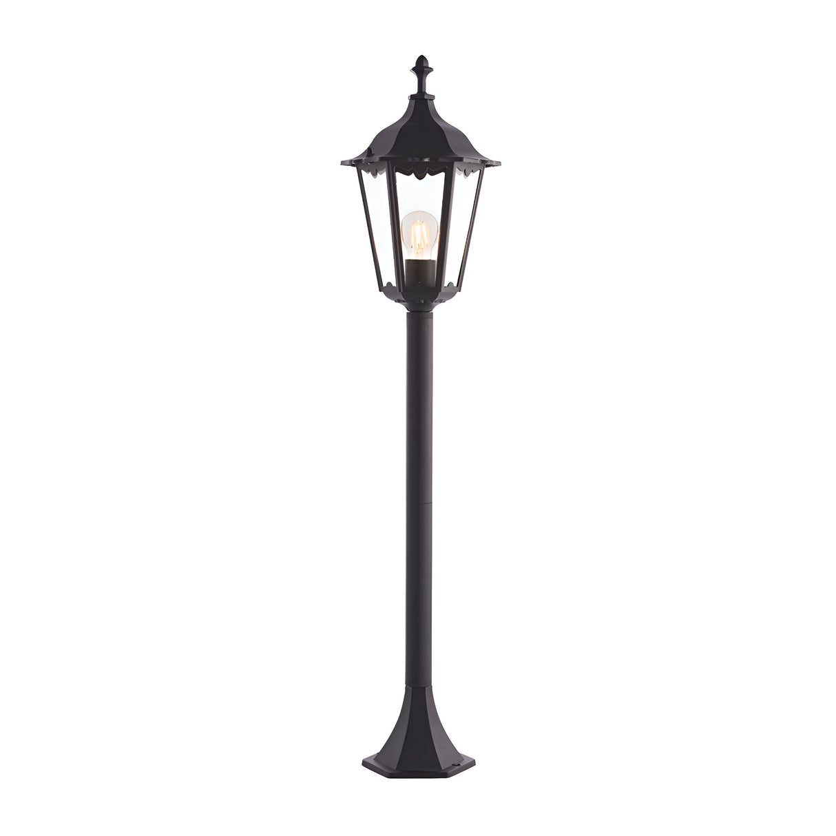 Endon Ashshaw traditional bollard light in matt black die cast aluminium with clear glass lantern panels and filament E27 bulb, shown on white.