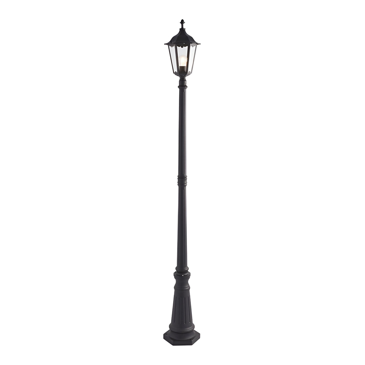 Endon Ashshaw traditional outdoor lamp post in matt black die cast aluminium with a single six-sided lantern and clear glass panels, on a white background.