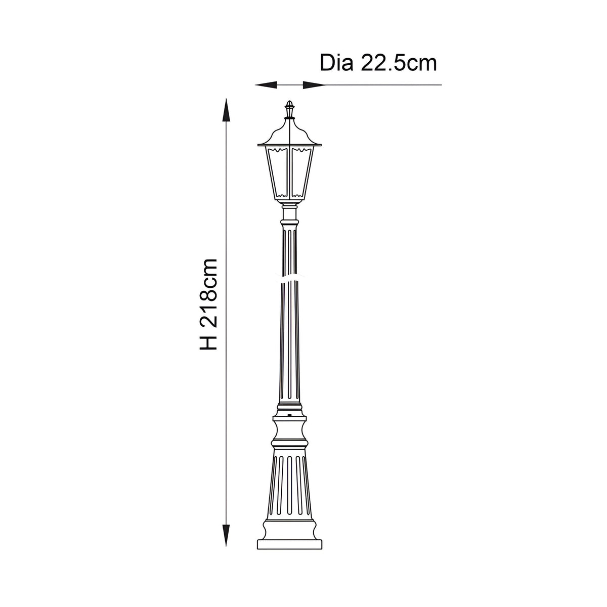 Dimensions diagram of the Endon Ashshaw traditional lamp post in matt black, showing height 218cm and lantern diameter 22.5cm on a white background.