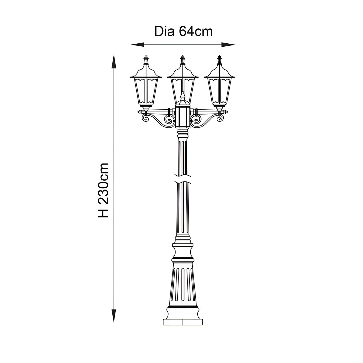 Dimension diagram of Endon Ashshaw 3 Light Lamp Post in black, showing 230cm height and 64cm diameter across three traditional lanterns.