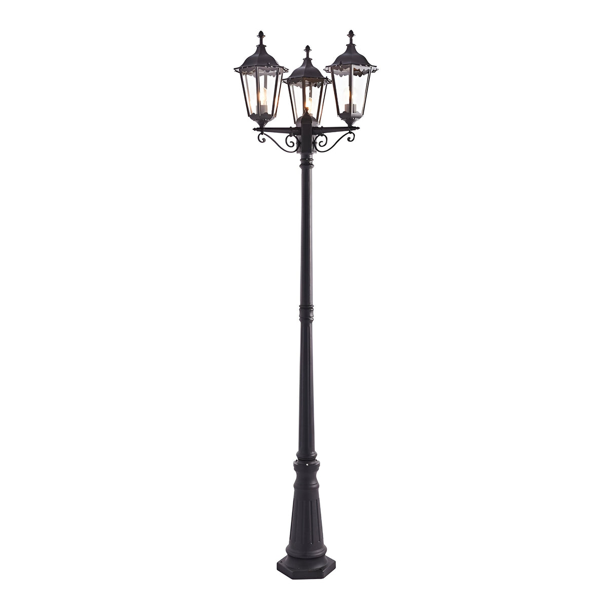 Endon Ashshaw 3 light lamp post in matt black die cast aluminium with three traditional clear glass lanterns on a fluted column, IP44 rated for outdoor use.