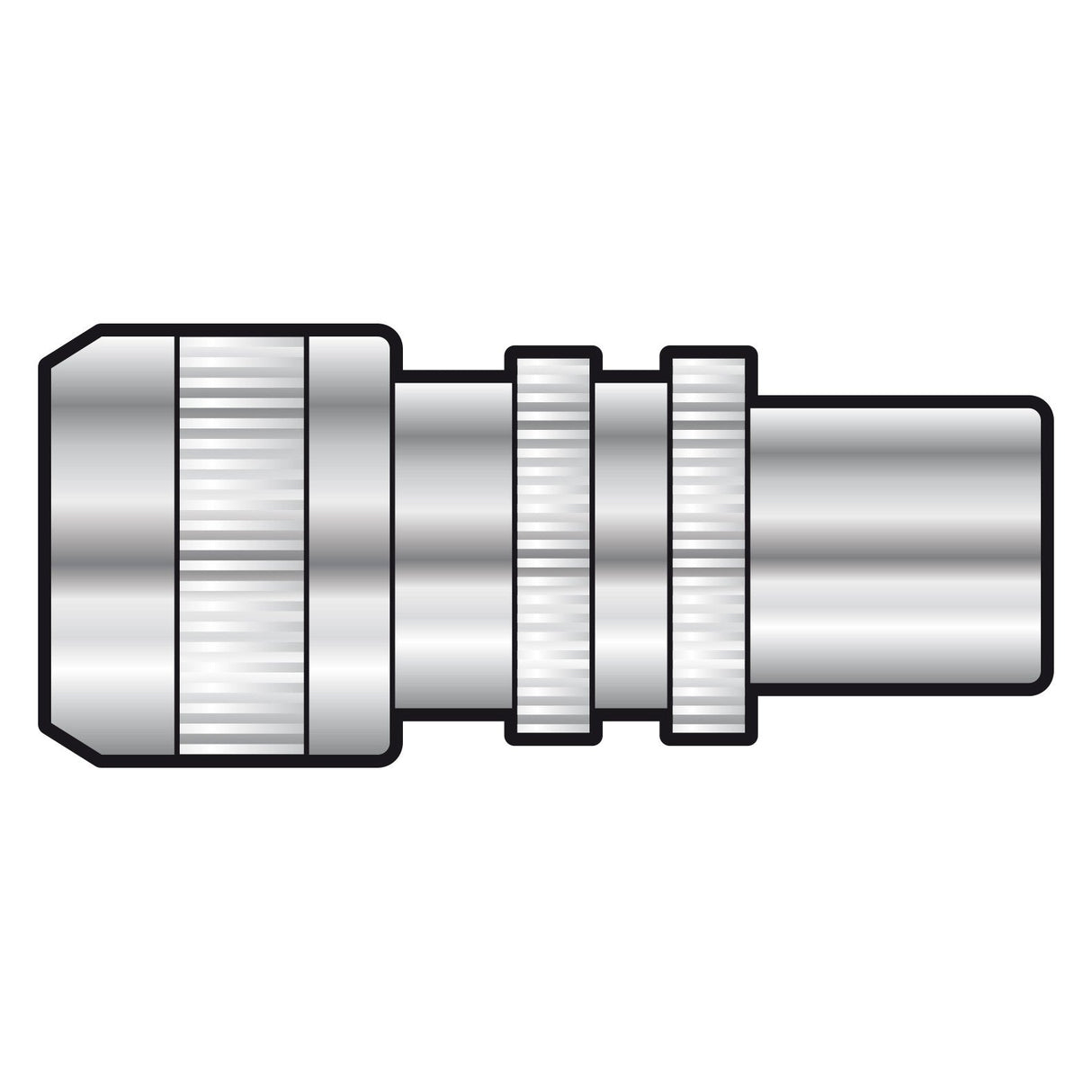 Depiction of the AV:Link Precision Aluminium Coaxial Plug - Bulk Packed, showcasing its cylindrical design with grooved bands along the body. The connector has a shiny metallic finish and a slightly tapered end on one side.