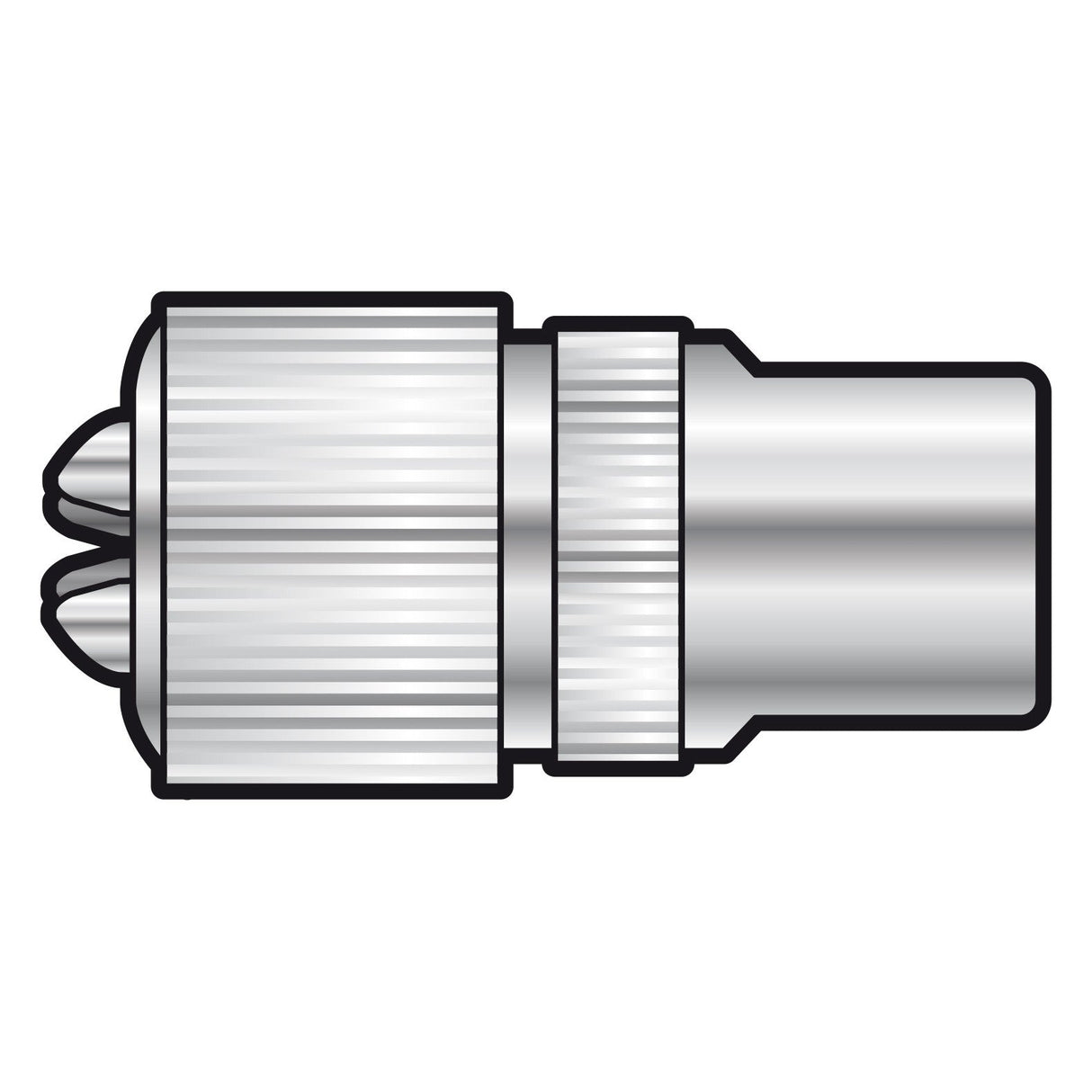 The AV:Link Nickel Plated Precision Coaxial Plug - Bulk is depicted with a ridged, cylindrical body made of nickel plated brass. This high-quality connector showcases a threaded section and a smooth, shiny finish, commonly utilized for securing and transmitting signals in television or internet cables.