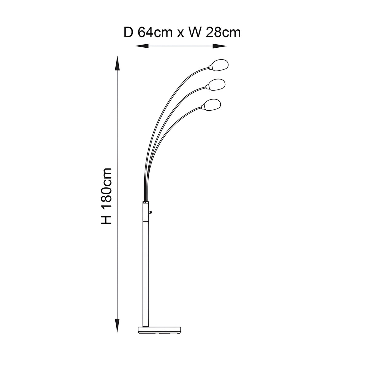 Dimension diagram of the Endon Brockcombe 3 light floor lamp showing 1800mm height, 640mm depth and 280mm width on a plain background.