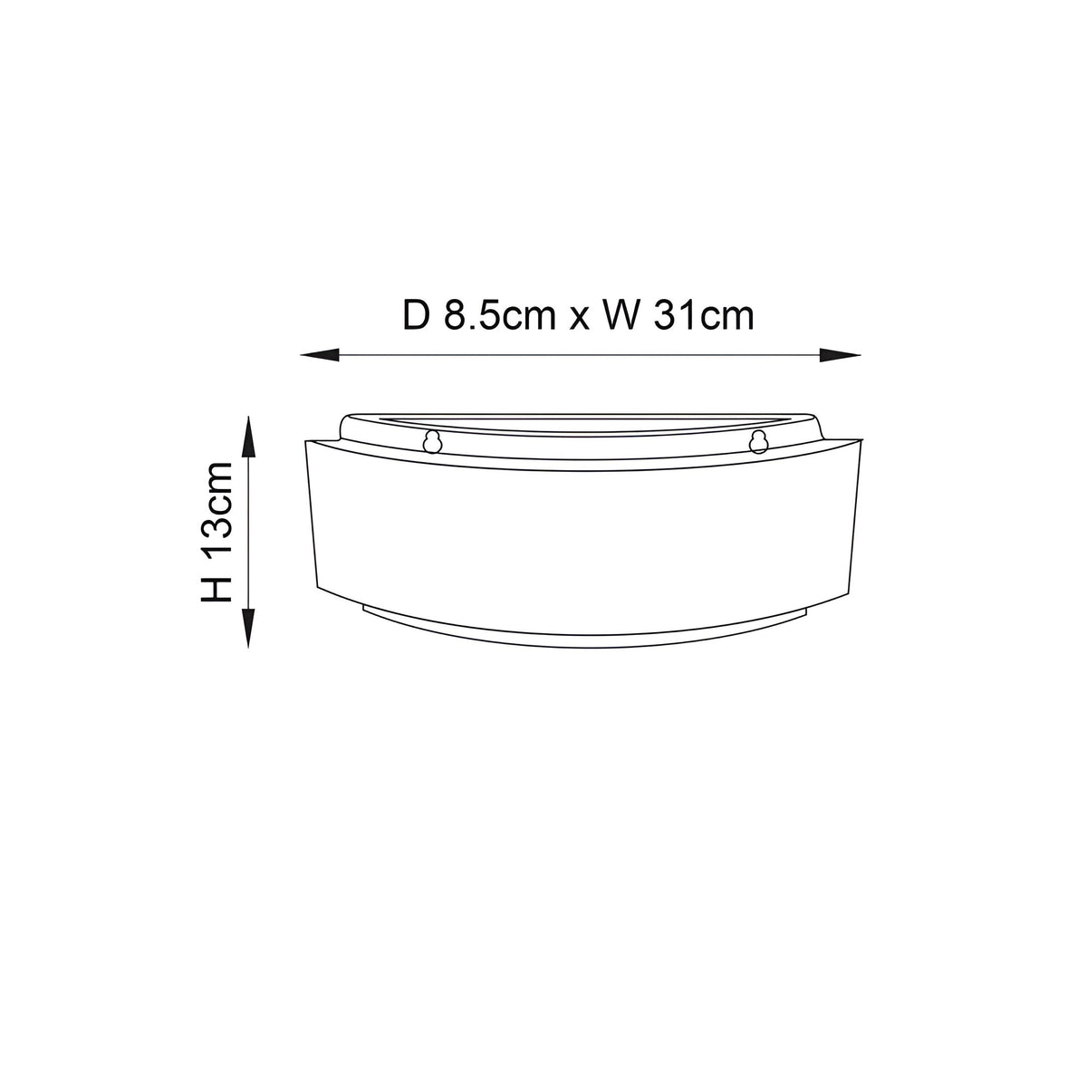 Dimension diagram of the Endon Bramhurst wall light showing 31cm width, 13cm height and 8.5cm projection on a white background.