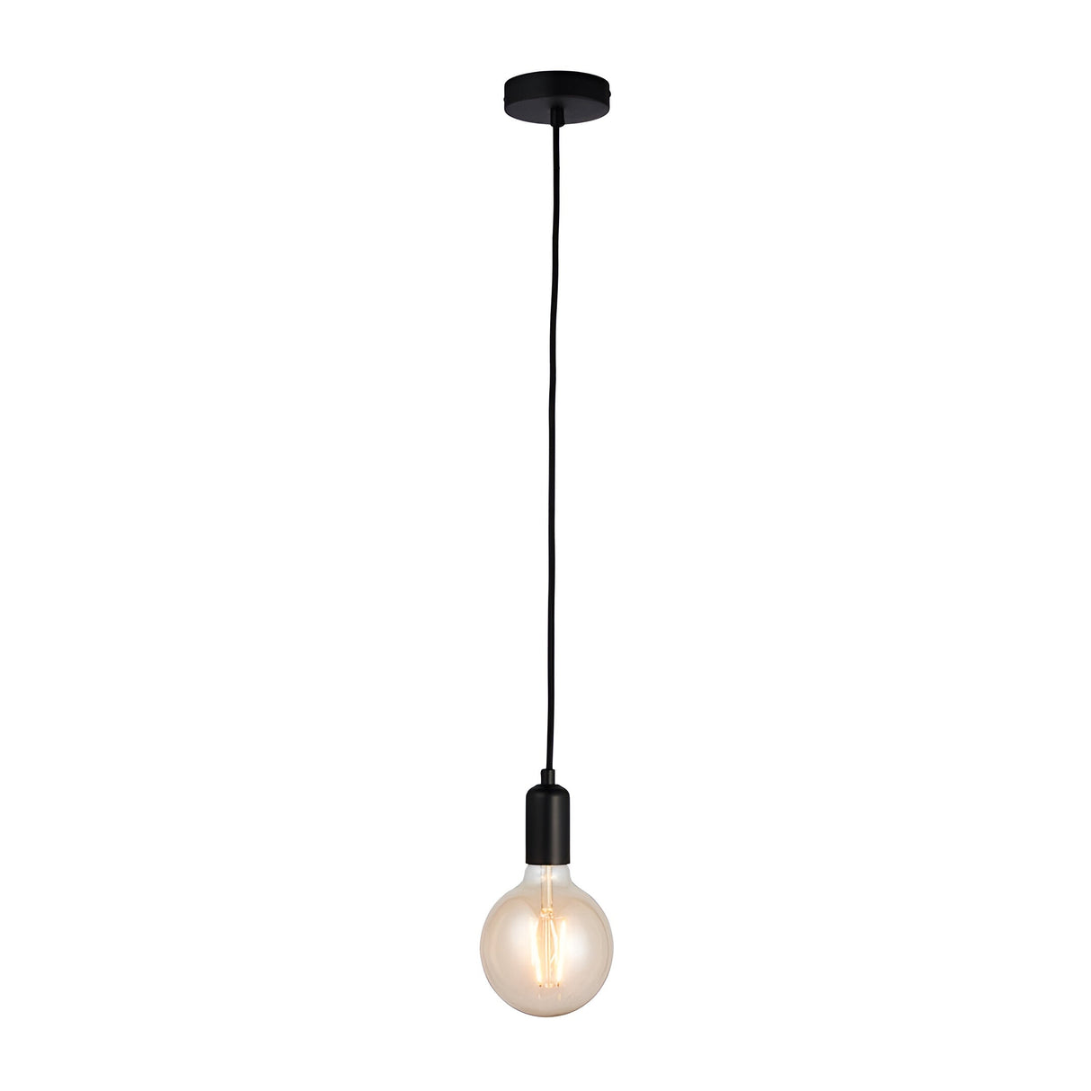 Endon Marlowe single-light pendant in matt black with fabric flex and exposed E27 filament bulb, shown on a plain white background.