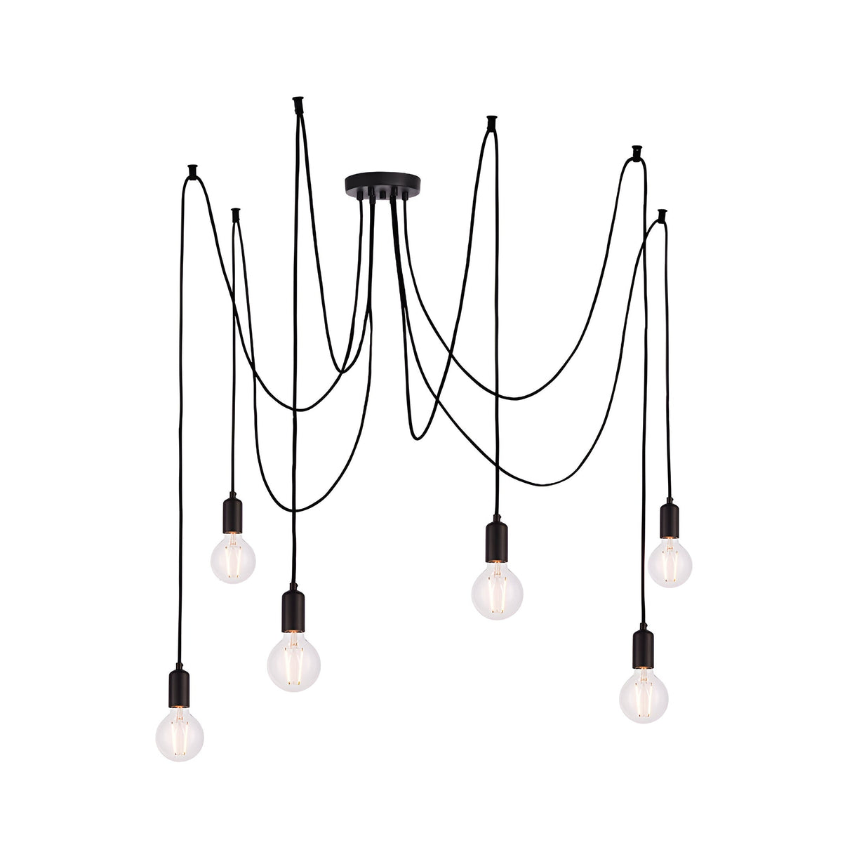 Endon Marlowe 6 Light Pendant in black with six E27 lamp holders on draped black fabric cables and exposed filament bulbs, on a white background.