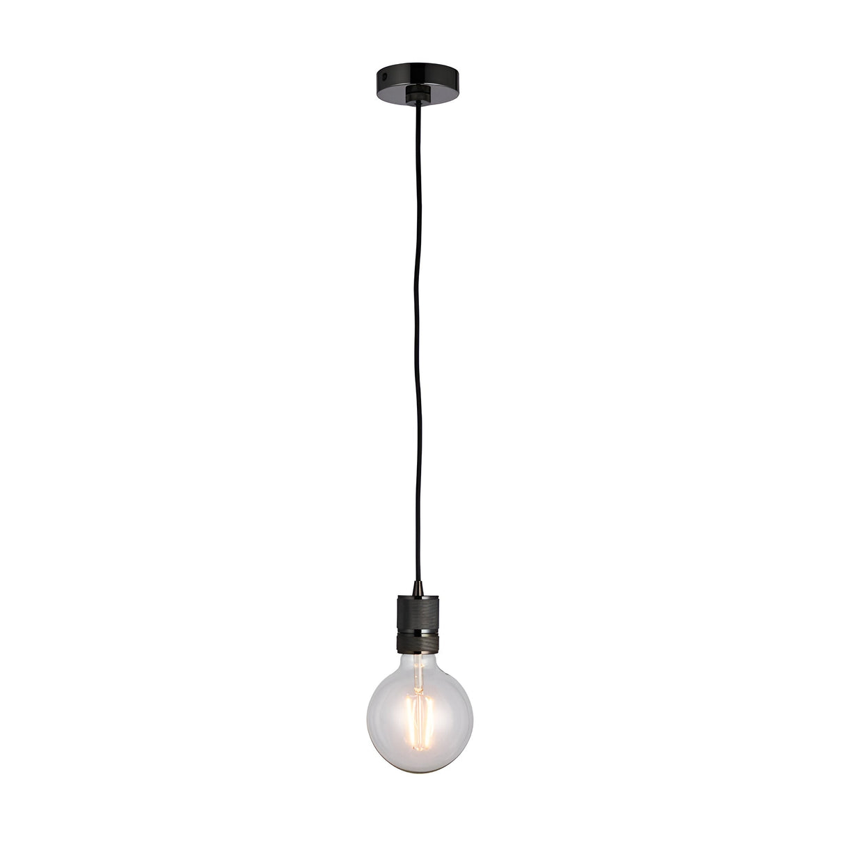 Endon Camden pendant light with a black chrome ceiling rose, black fabric flex, knurled lamp holder and exposed E27 filament globe bulb on white.