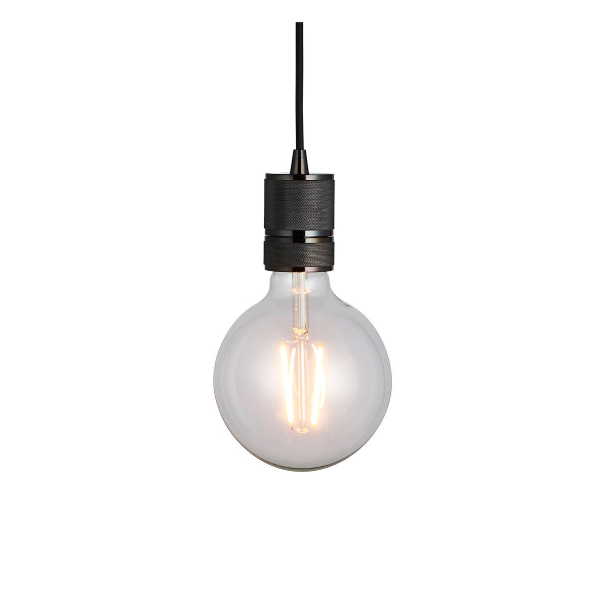Endon Camden pendant light with a black chrome knurled lamp holder on a black fabric flex, fitted with an exposed E27 filament globe bulb.