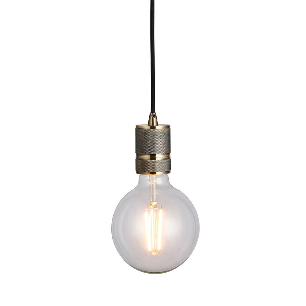 Endon Camden industrial pendant light with antique brass knurled lamp holder, black fabric flex, and exposed E27 filament bulb on a white background.