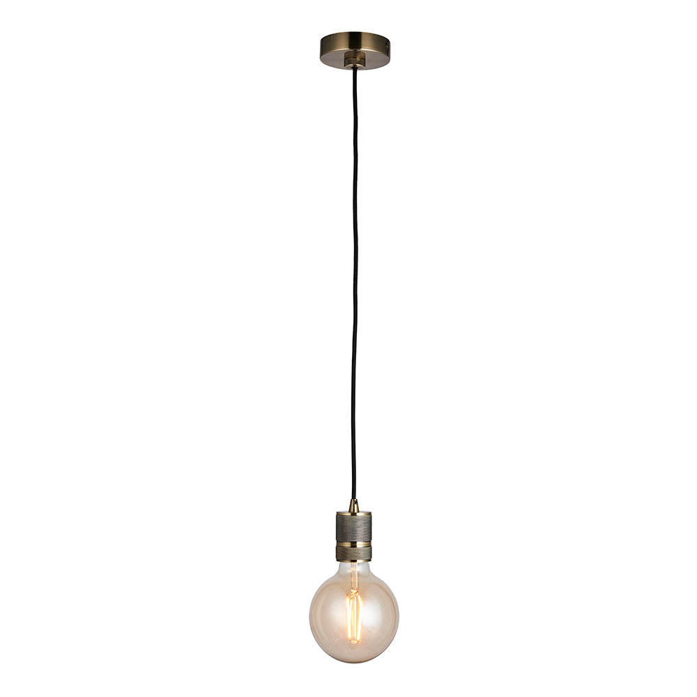 Endon Camden pendant light in antique brass with black fabric flex, knurled lamp holder and exposed E27 filament globe bulb, on a white background.