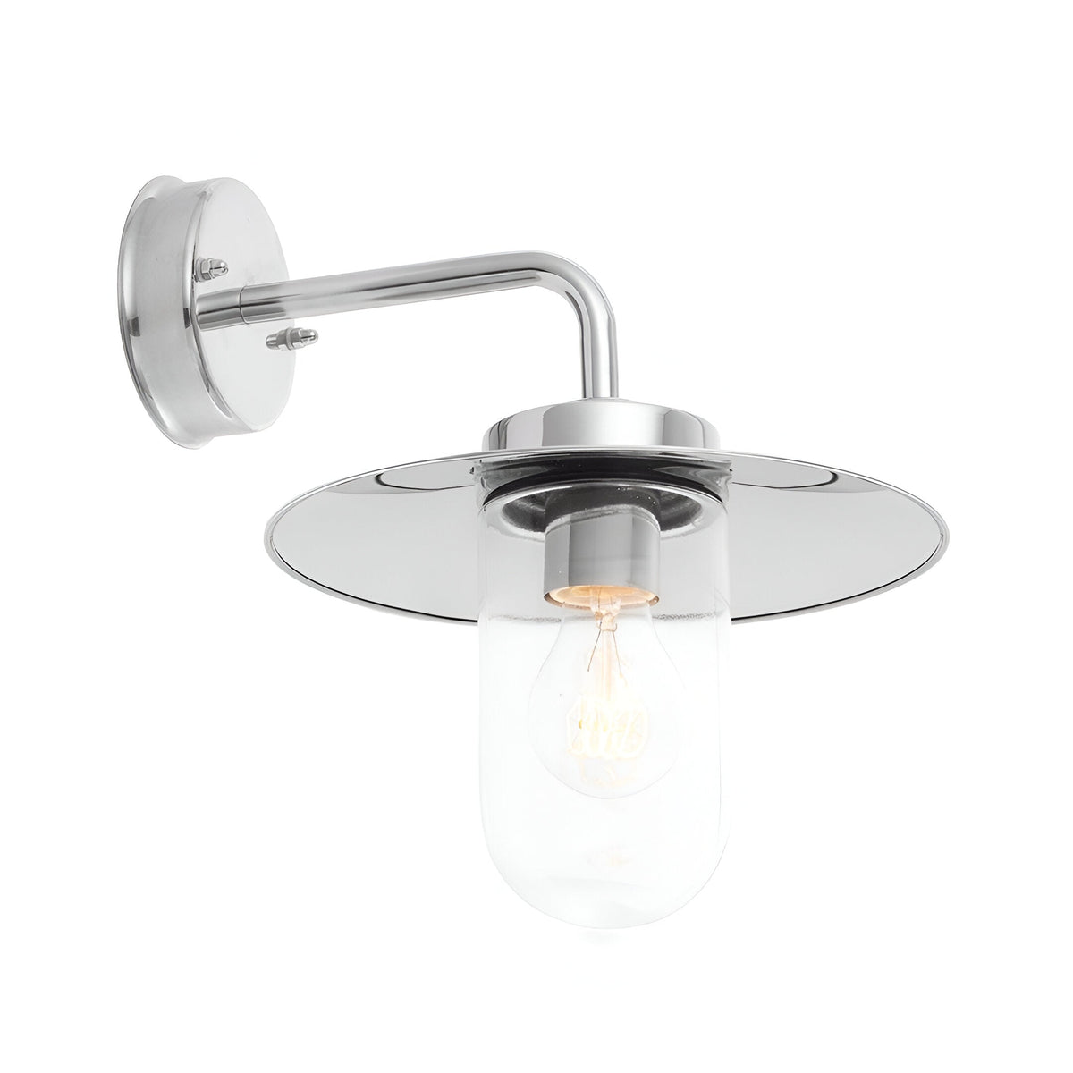Endon Aldbury outdoor wall light in polished stainless steel with a clear glass shade, disc canopy and E27 filament bulb, on a white background.