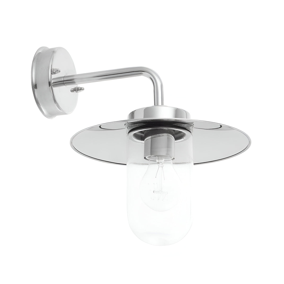 Endon Aldbury outdoor wall light in polished stainless steel with a clear glass shade, circular disc reflector and E27 filament bulb, on a white background.