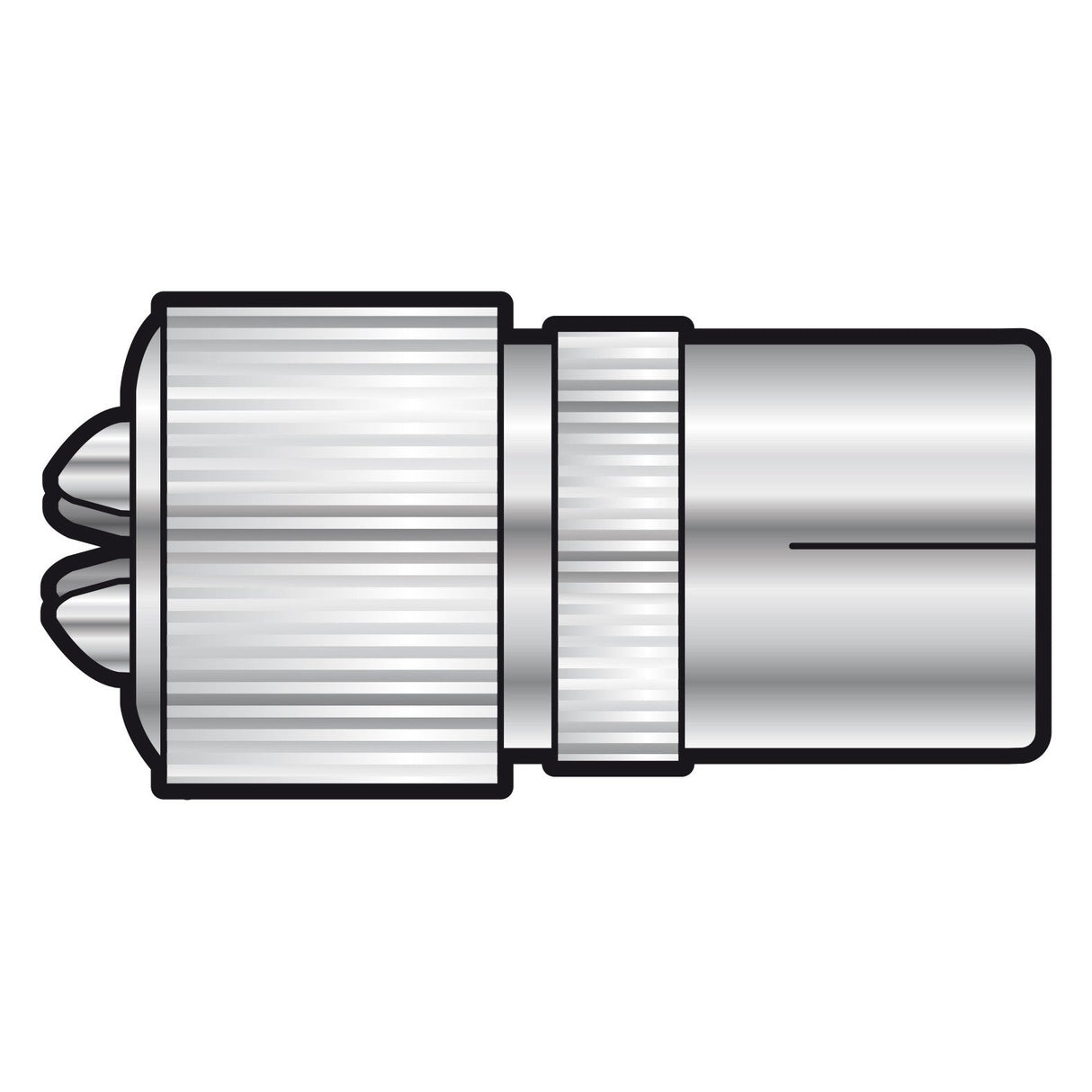 Description of the AV:Link Precision Coaxial Socket - Bulk, a high-quality metallic connector featuring a shiny, textured finish. Constructed from nickel-plated brass, this socket boasts a cylindrical design with a protruding tip, ribbed grip for easy handling, and threaded ends to ensure secure attachment to devices.
