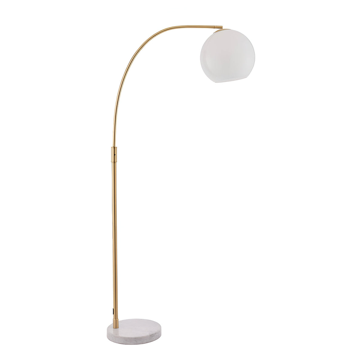 Endon Sinclair arc floor lamp with brushed brass stem, gloss white glass globe shade and round white marble base, on a plain background.