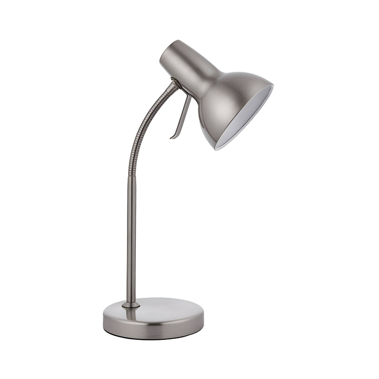 Endon Alderton table lamp in satin nickel steel with adjustable dome shade, flexible gooseneck stem and round base, shown on a plain white background.