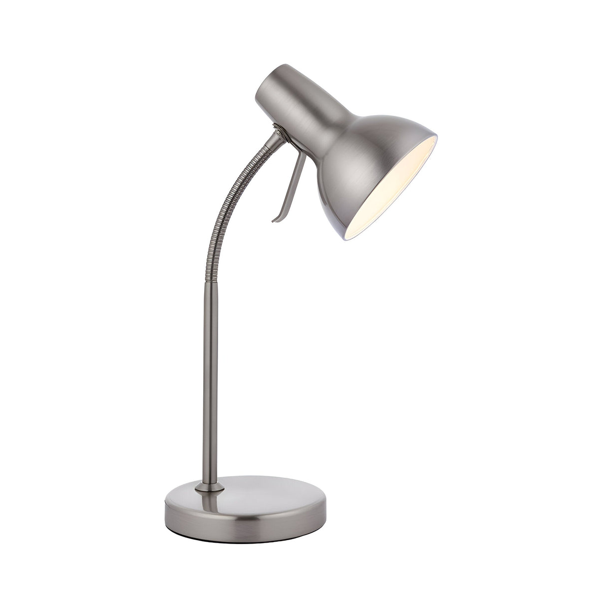 Endon Alderton table lamp in satin nickel with adjustable domed shade, flexible gooseneck stem and round weighted base, shown on a white background.