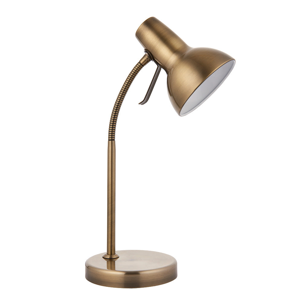 Endon Alderton brass table lamp with adjustable domed shade, flexible gooseneck stem, directional handle and round base, shown on a white background.