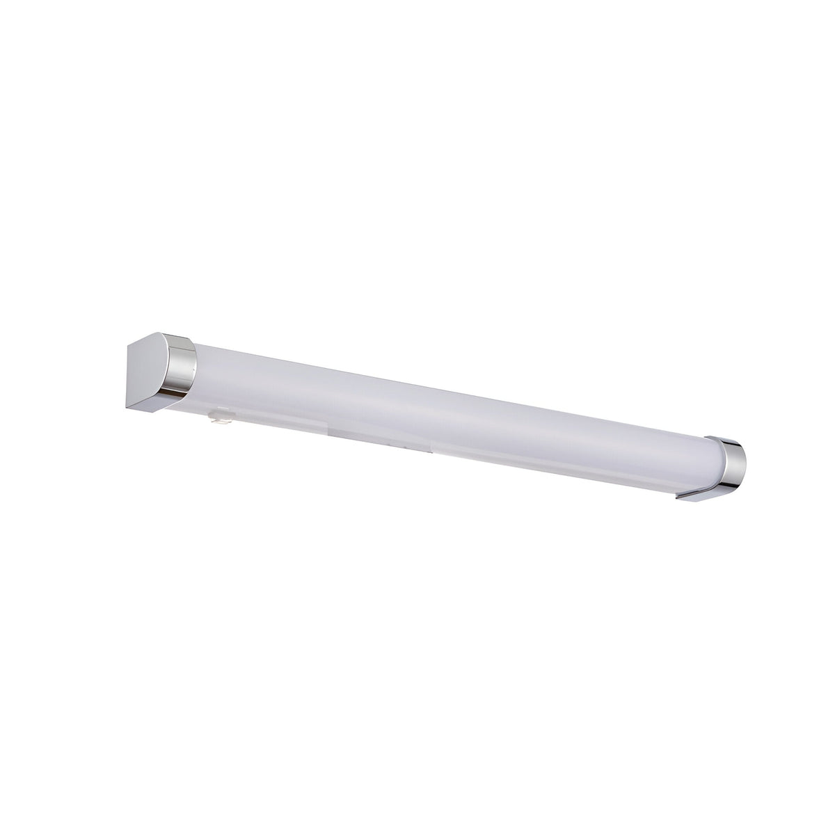 Endon Carlshaw large LED bathroom wall light with slim white ribbed diffuser and chrome end caps, shown on a plain white background.