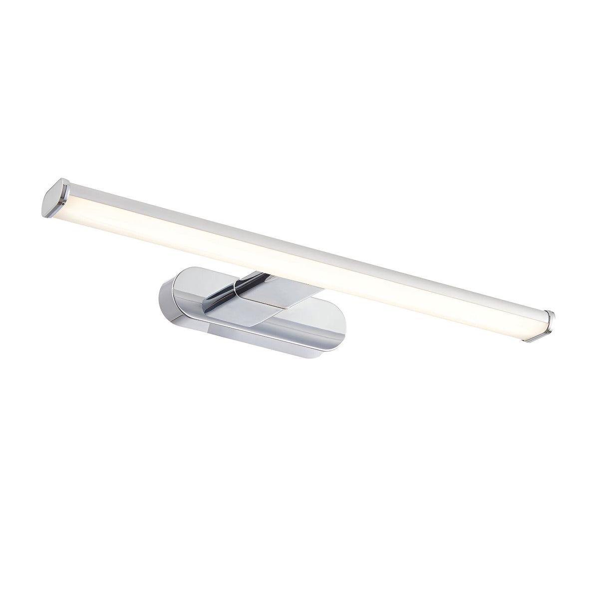 Carlshaw LED bathroom wall light with a slim chrome bracket and long frosted white diffuser bar, shown angled on a plain white background.